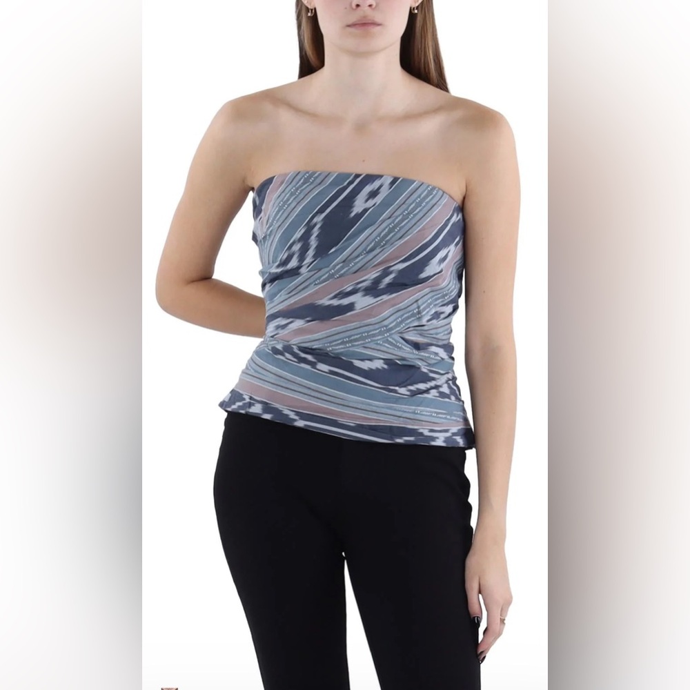 LAUREN Ralph Lauren Geo Stripe Cotton Strapless Blouse Blue Size 16 NWT